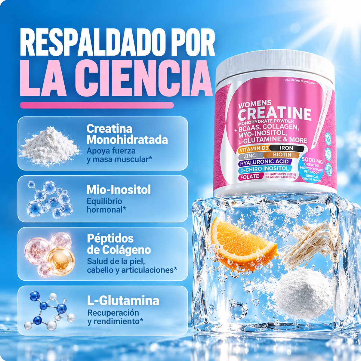 Creatina Todo en Uno para Mujer – 5,000 mg + Colágeno y Biotina