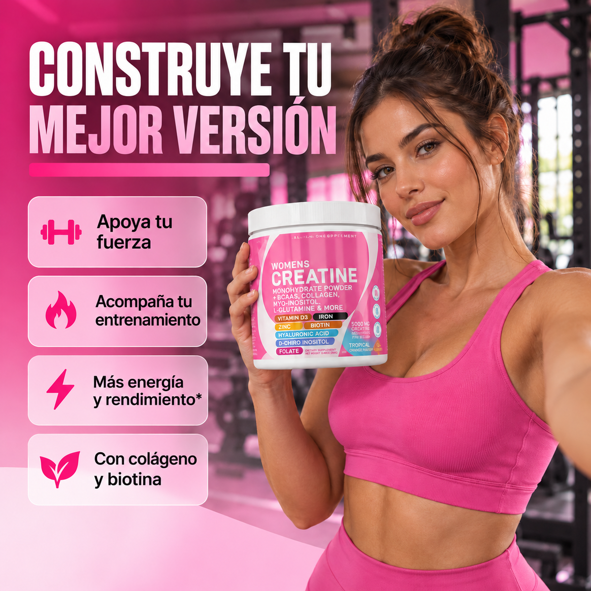 Creatina Todo en Uno para Mujer – 5,000 mg + Colágeno y Biotina