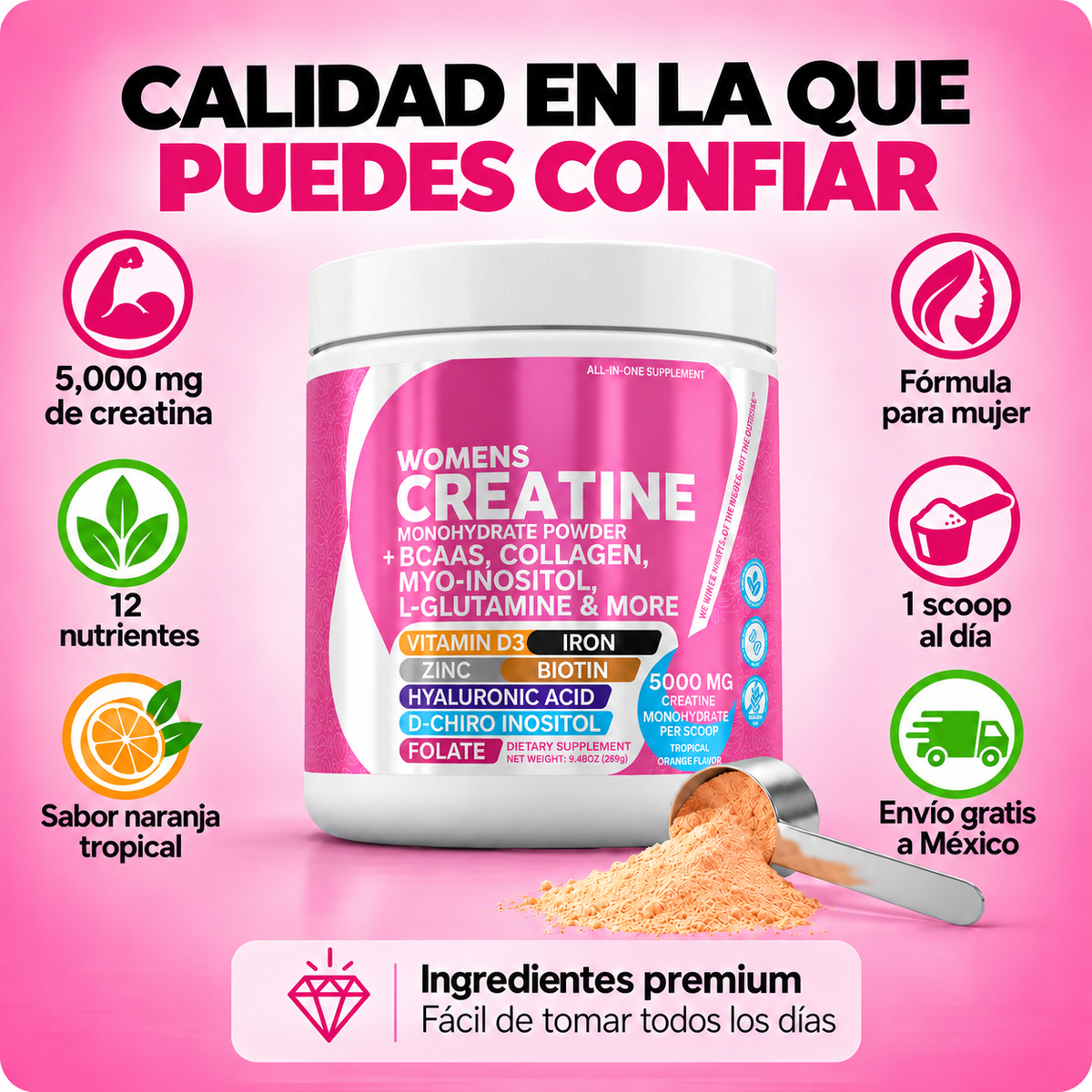Creatina Todo en Uno para Mujer – 5,000 mg + Colágeno y Biotina