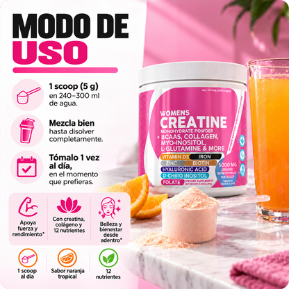 Creatina Todo en Uno para Mujer – 5,000 mg + Colágeno y Biotina